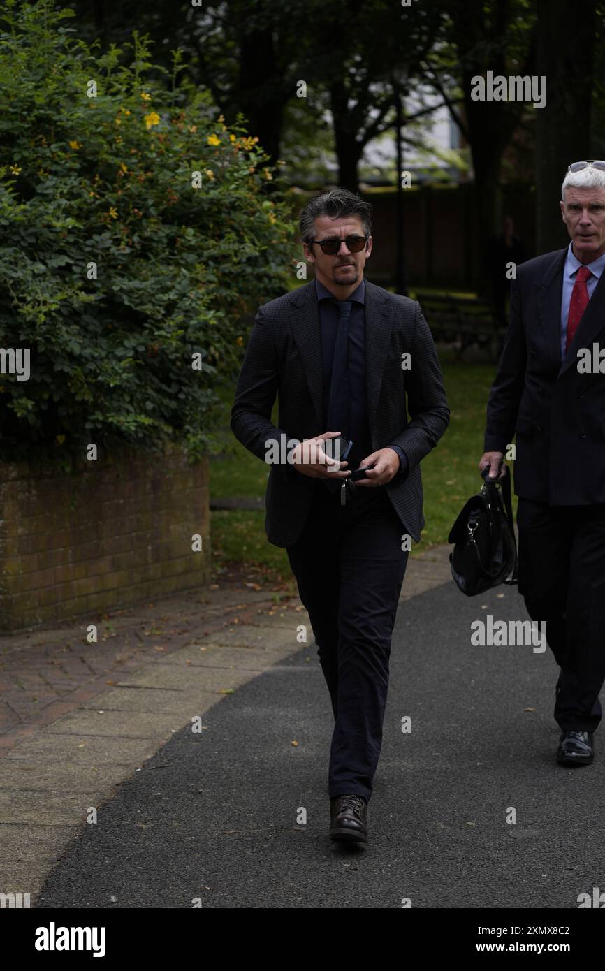 Joey Barton vom Warrington Combined Crown and Magistrates Court Centre, wo er wegen böswilliger Kommunikationsdelikte beschuldigt wird. Die Anklage betrifft Tweets, die er über den Fußballexperten Eni Aluko während eines FA-Cup-Spiels schickte, das sie für die BBC im Januar kommentierte. Bilddatum: Dienstag, 30. Juli 2024. Stockfoto