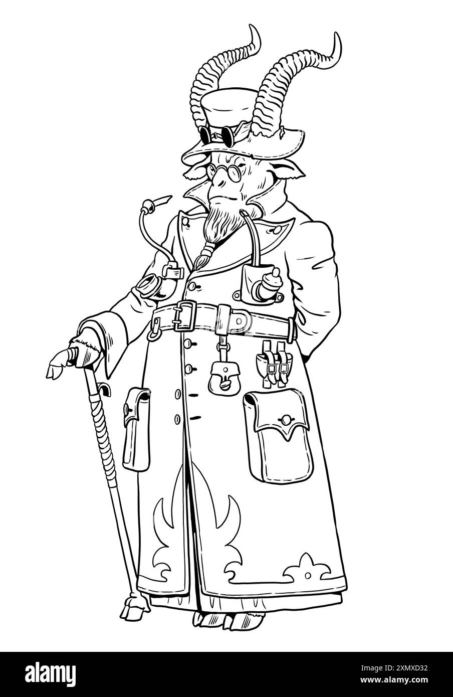 Handgemachte Zeichnung mit einer lustigen Ziege mit großen Hörnern in Steampunk-Kleidung. Vorlage Hexen-Fantasy-Kreatur zum Färben. Stockfoto