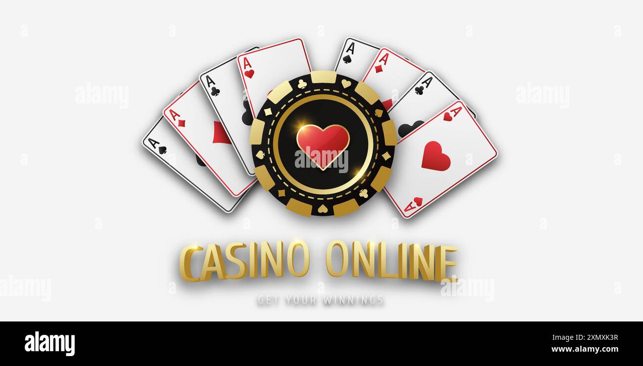 Online-Casino. Glücksspiel-Token mit Anzug-Herzen. Realistisches Spielen von Chip Heart und Spielen von Ass-Karten aller Anzüge. Banner für Web-App oder Website. Konzept p Stock Vektor