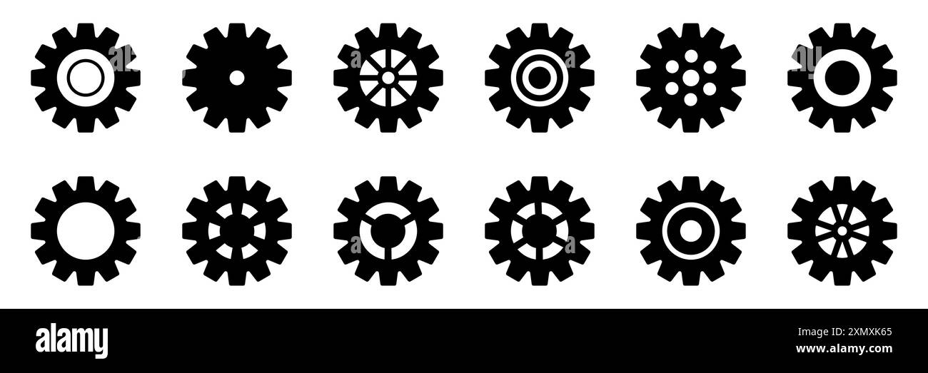 Symbolsatz Gänge. Symbol für Gangeinstellung. Sammlung mechanischer Zahnräder. Einfache Zahnradsammlung. Zahnradsymbole. Vektordarstellung mit Zahnrädern Stock Vektor