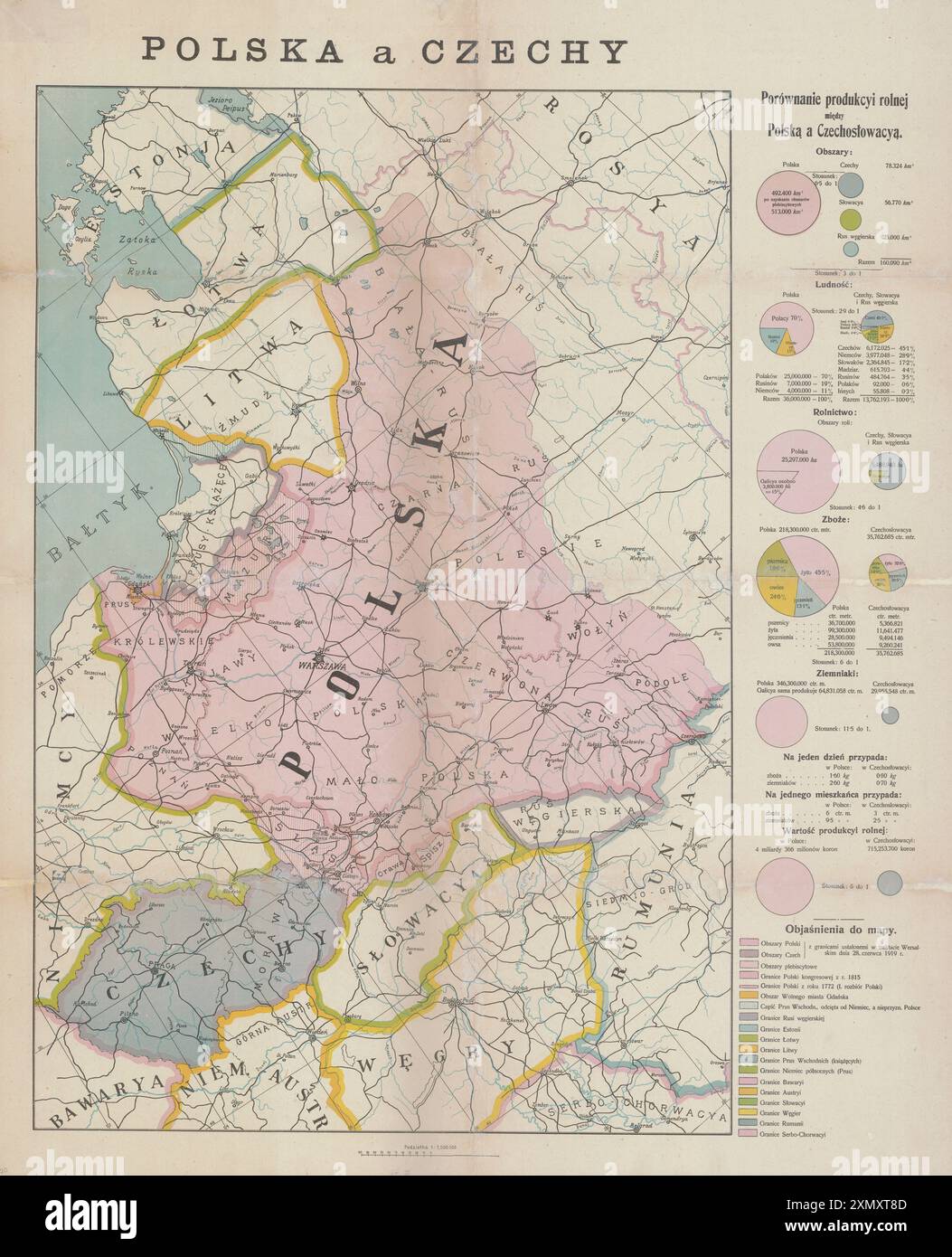 Vintage-Karte 1919. Polen und die Tschechische Republik: Vergleich der landwirtschaftlichen Erzeugung zwischen Polen und der Tschechoslowakei. Zeigt die Grenze des Gebiets nach dem Ersten Weltkrieg. Quelle unbekannt Stockfoto