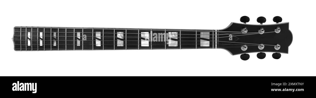 Musikinstrument - Einlage mit Nackenperlen und schwarzer Kopfstock, Akustikgitarre, isolierter weißer Hintergrund. Stockfoto