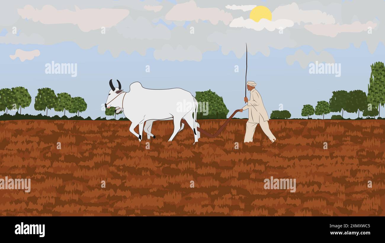 Vektor-Illustration eines indischen Bauern pflügt ein Farmland mit Hilfe von Farren. Stock Vektor