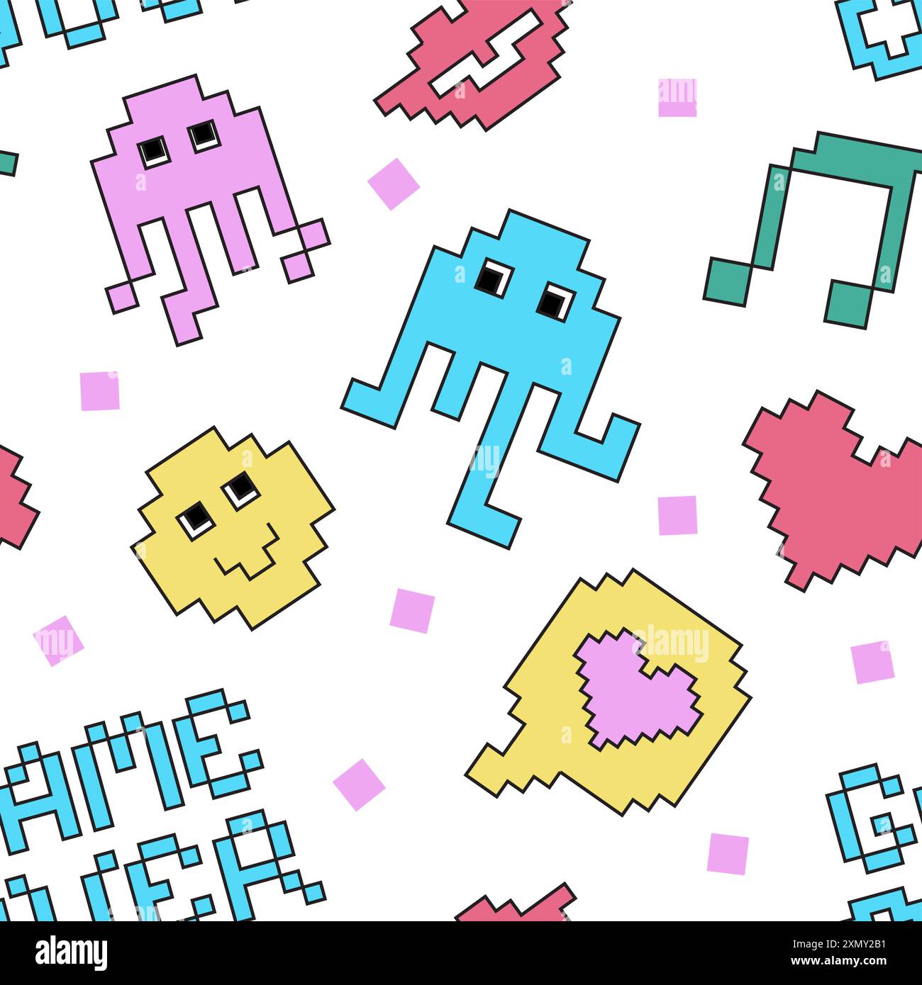 Pixel Y2K nahtloses Retro-Muster. 90er Jahre trendige verspielte Pixel-Kunst. 8bit Ästhetik Vektor Illustration. Einfache geometrische Form, Lächeln, Lippen, Herz. Lustiges farbiges Abzeichen isoliert auf weiß. Stock Vektor