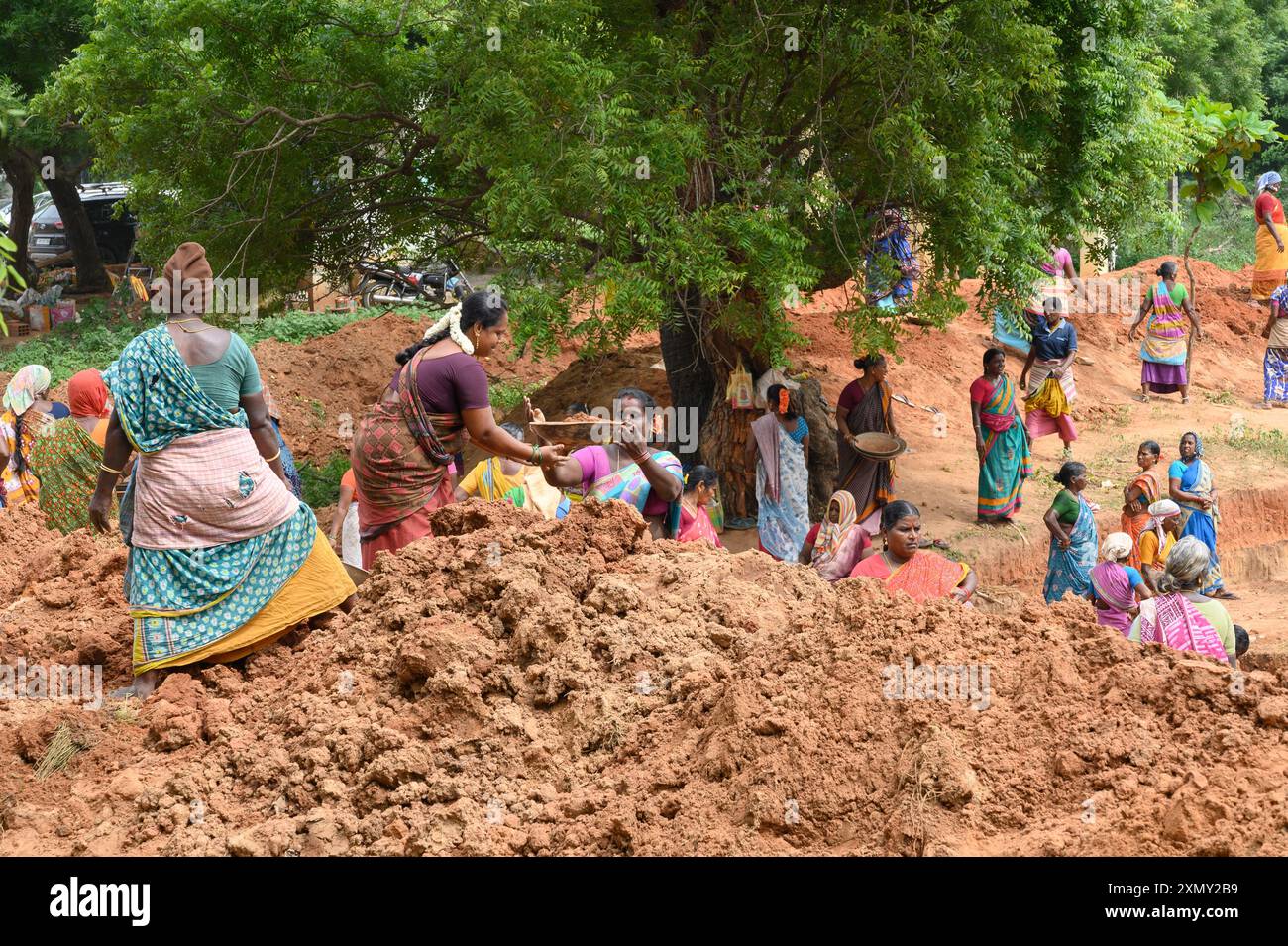 Kuilapalayam, Indien - Juli 2024: Frauen im Dorf arbeiten im Rahmen des MGNREGA-Programms in Tamil Nadu. Ein Programm, das armen Menschen ein Mindestmaß an Arbeit garantiert. Stockfoto