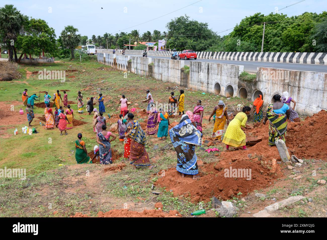 Bommayapalayam, Indien - Juli 2024: Frauen im Dorf arbeiten im Rahmen des MGNREGA-Programms in Tamil Nadu. Ein Programm, das armen Menschen ein Mindestmaß an Arbeit garantiert Stockfoto
