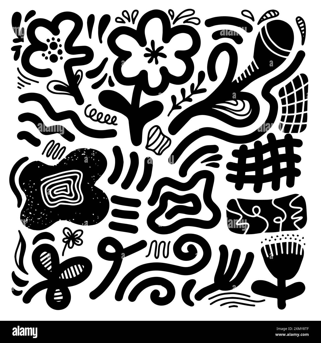 Satz von handgezeichneten abstrakten Vektoren. Verschiedene Doodle-Pfeile, Richtungen, Formen. Freihandlinien, Kurven, Punkte, Spiralen. Stock Vektor