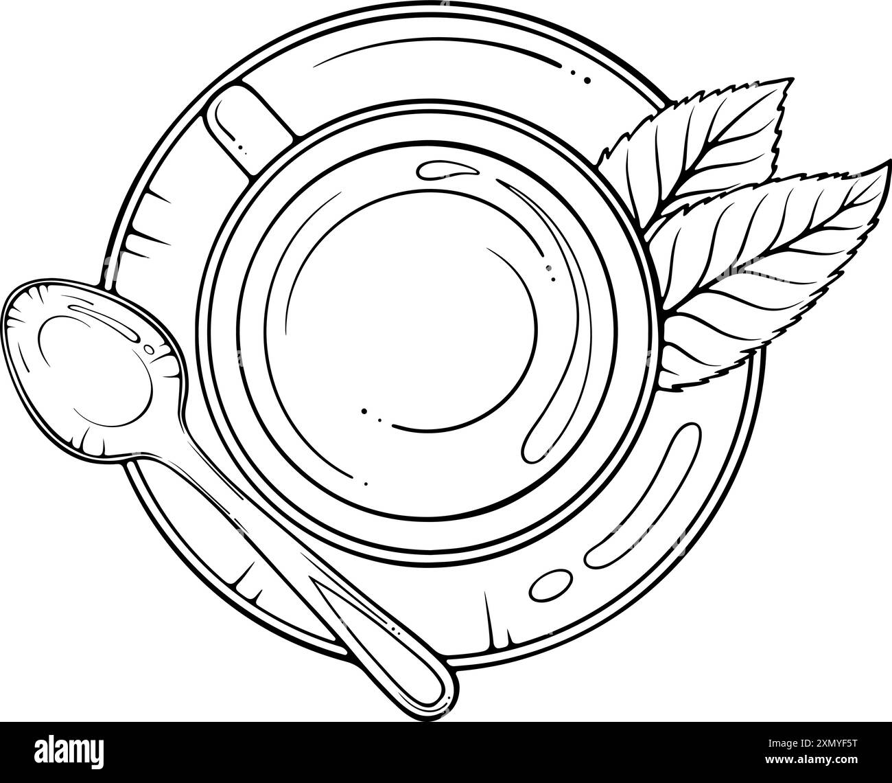 Tasse mit Untertasse und Löffel Strichgrafik von oben Stock Vektor