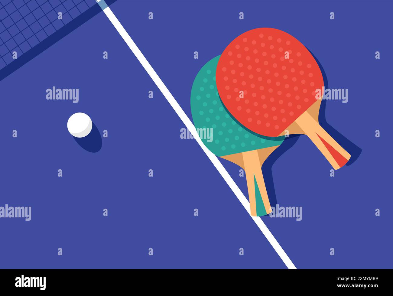 Ping-Pong-Poster, zwei Schläger und Ball für Tischtennis auf dem Tisch, Tischtenniswettbewerb, Blick von oben, Vektor Stock Vektor