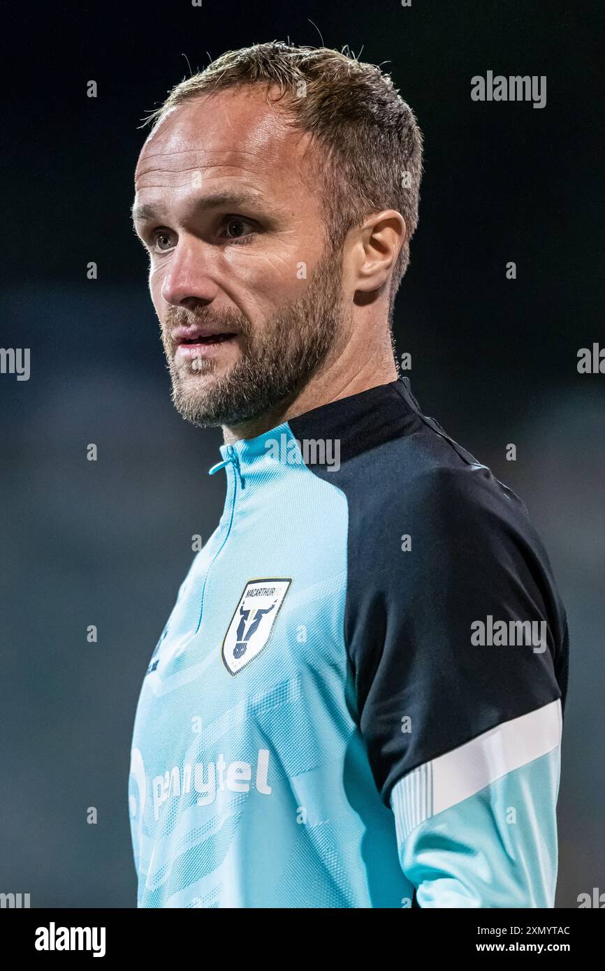 Canberra, Australien; 30. Juli 2024: Valere Germain von Macarthur FC wird vor dem Spiel der Australian Cup 2024 Runde of 32 zwischen O’Connor Knights SC und Macarthur FC im GIO Stadium in Canberra, Australien am 30. Juli 2024 gezeigt. (Foto: Nick Strange/Fotonic/Alamy Live News) Stockfoto