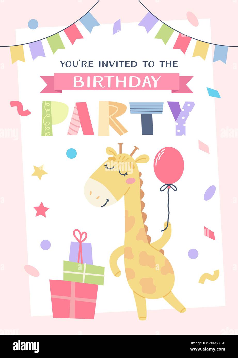 Geburtstagseinladung für Kinder. Süße Giraffe mit Geschenken und Ballon. Vorlage für Vektorabbildungen Stock Vektor
