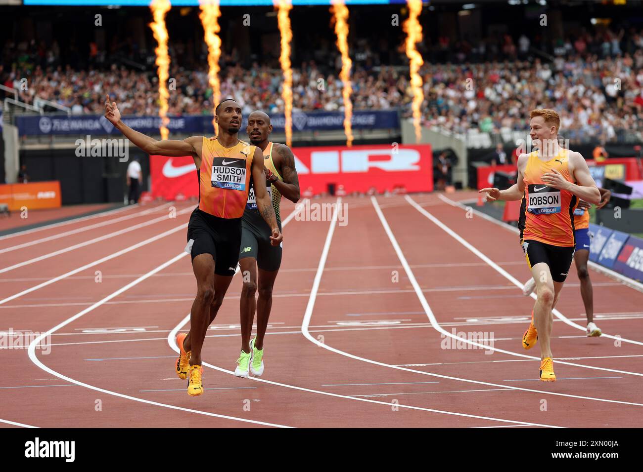 Matthew HUDSON-SMITH feierte den Gewinn der 400 m in einem europäischen Rekord bei der Londoner Diamond League Meeting im Juli 2024 Stockfoto