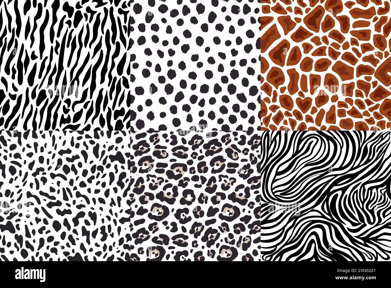 Set mit 6 Wildtier-Prints. Nahtlose Muster. Stock Vektor