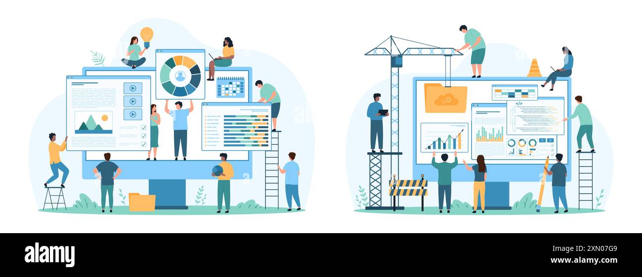 Online-Website-Entwicklungsset. Winzige Leute bauen neue Website mit Hilfe von Baukran, Software-Fenster mit Videoinhalten, Ordnern und Diagrammen auf Computermonitor Karikaturvektorillustration Stock Vektor