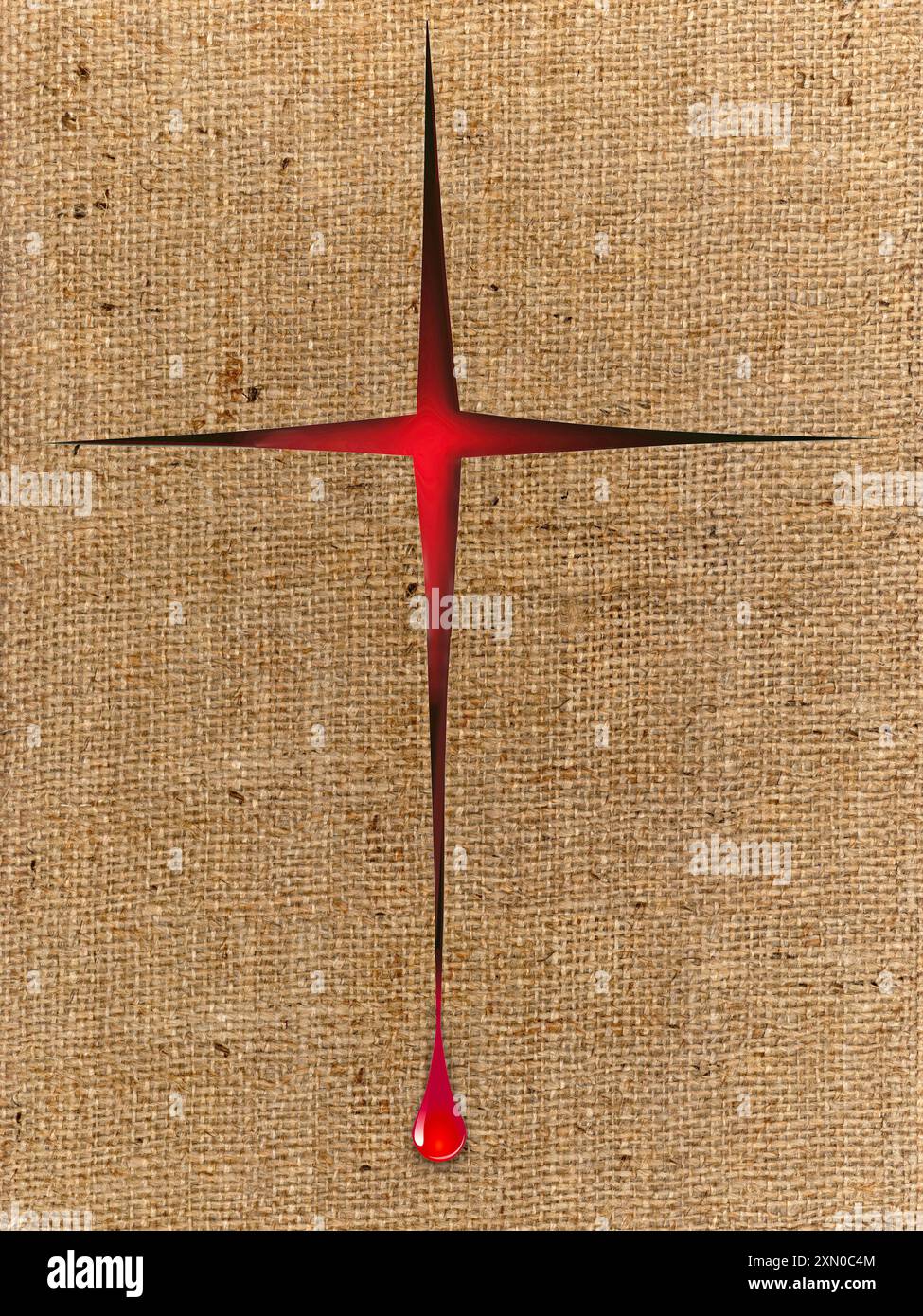 Das Blut Christi, das im christlichen dienst verwendet wird, in dem Jesus am Kreuz stirbt, ist in einem Tropfen und einem Kreuzschnitt in Sackleinen-Stoff in diesem 3-D-Il zu sehen Stockfoto