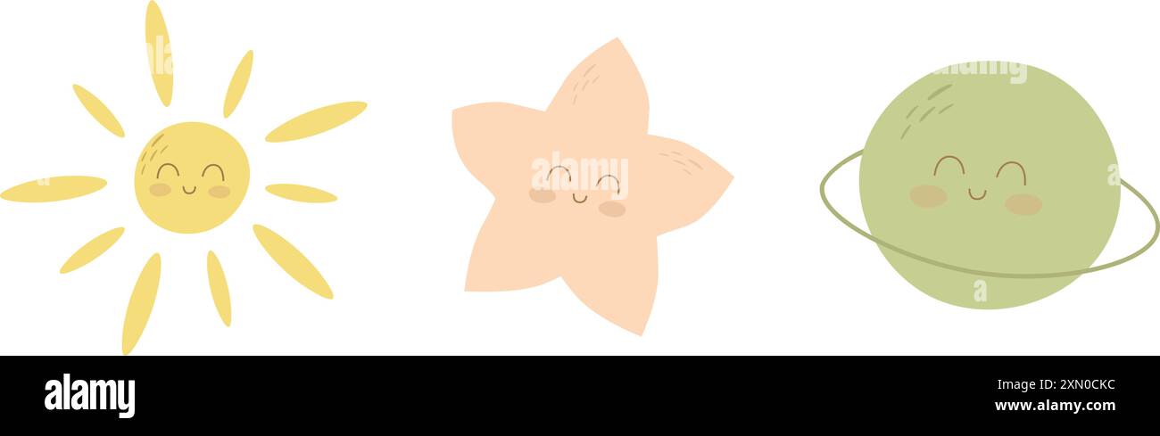 Happy Sun, Star und Planet Illustration Stock Vektor