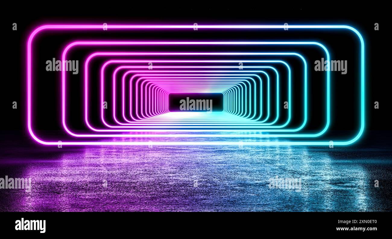 Leuchtend lila blaue Neonlichter rechteckiger Rahmen Tunnel 3d Stockfoto