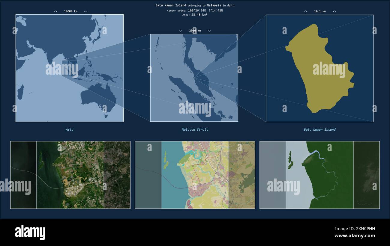 Batu Kawan Island in der Malakka-Straße - gehört zu Malaysia. Beschriebenes Lagediagramm mit gelber Form der Insel und Beispielkarten ihrer sur Stockfoto