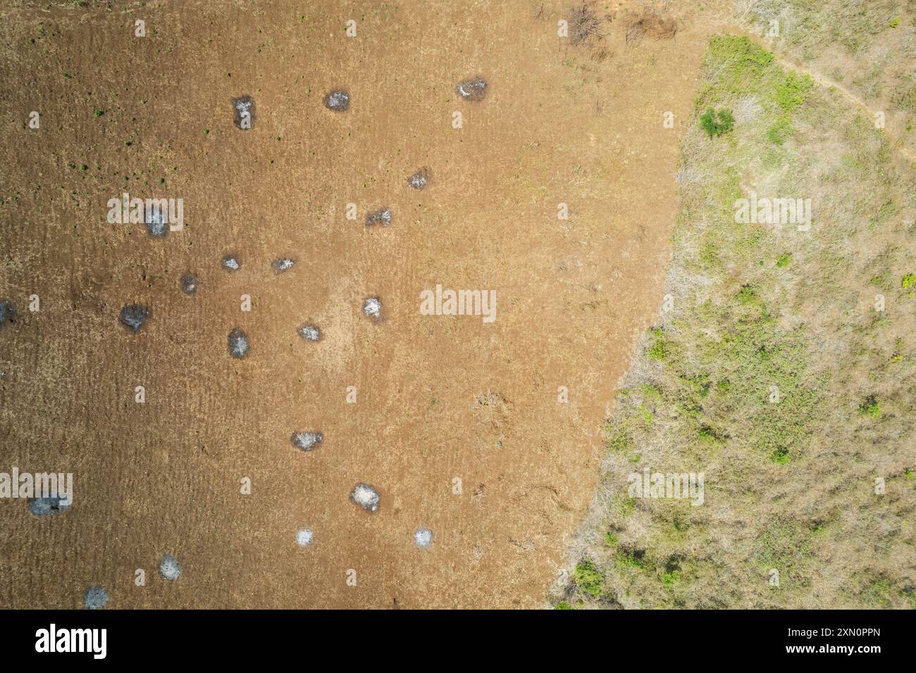 Bodenhintergrund mit Brandflecken aus der Luft über der Drohne Stockfoto