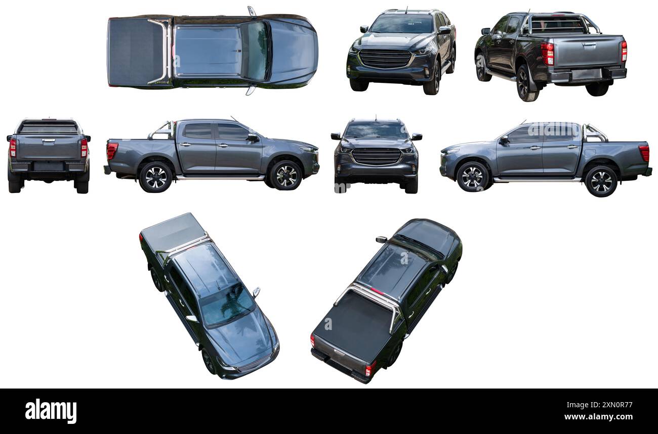 Unterschiedliche Ansicht des grauen Pick-up-Lkws isoliert auf weißem Hintergrund Stockfoto