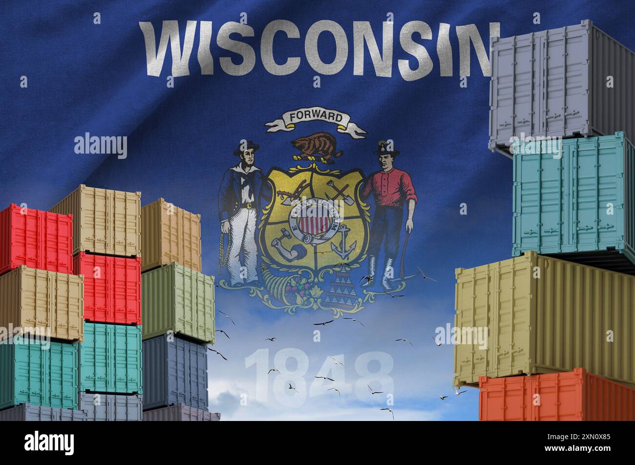 Die US-Bundesflagge von Wisconsin und ein großer Stapel von Frachtcontainern in Docks mit Himmelshintergrund aus nächster Nähe Stockfoto