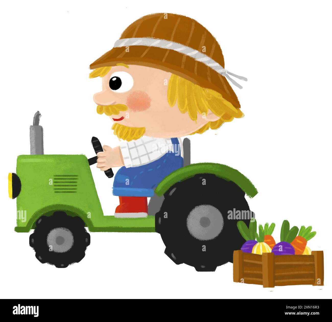 Zeichentrickszene mit einem Bauern, der an einem Traktor arbeitet, der eine isolierte Hintergrundillustration für Kinder macht Stockfoto