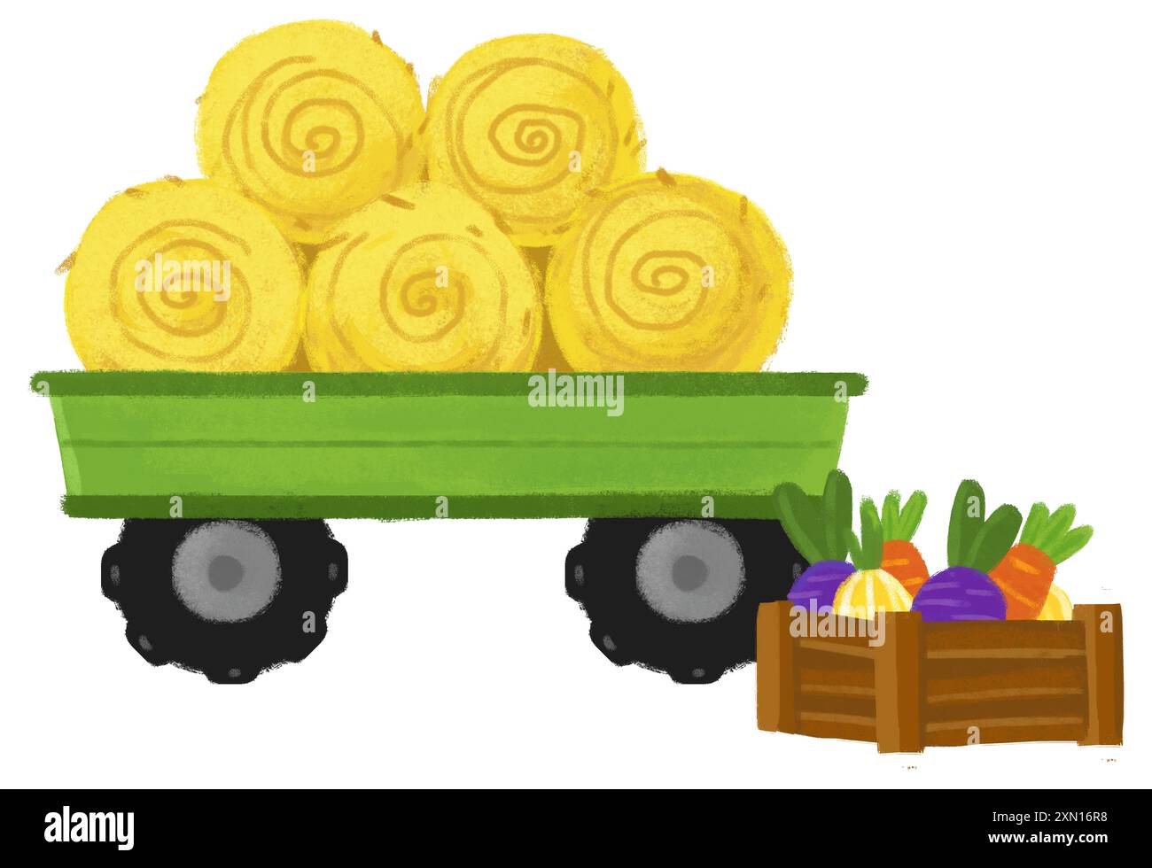 Zeichentrickszene mit Traktoranhänger für Heu für die Nutzung der Farm Ranch isolierte Hintergrundillustration für Kinder Stockfoto