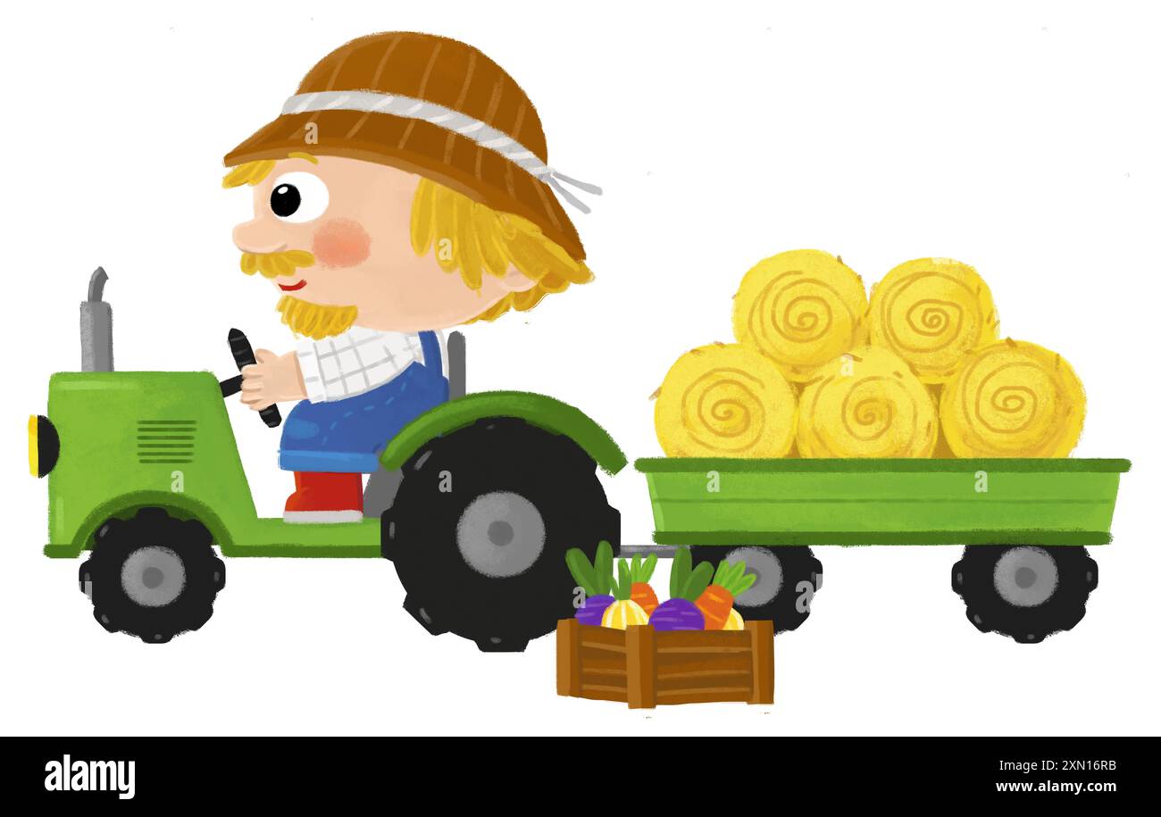 Zeichentrickszene mit einem Bauern, der an einem Traktor arbeitet, der eine isolierte Hintergrundillustration für Kinder macht Stockfoto