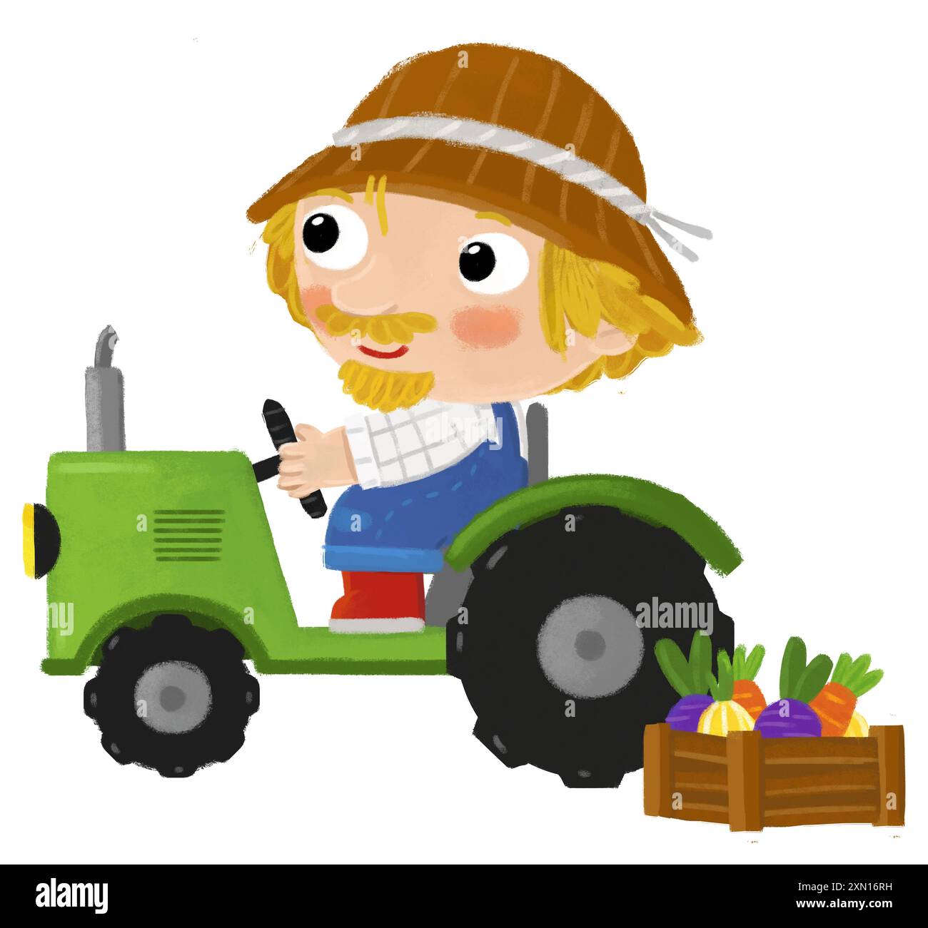 Zeichentrickszene mit einem Bauern, der an einem Traktor arbeitet, der eine isolierte Hintergrundillustration für Kinder macht Stockfoto
