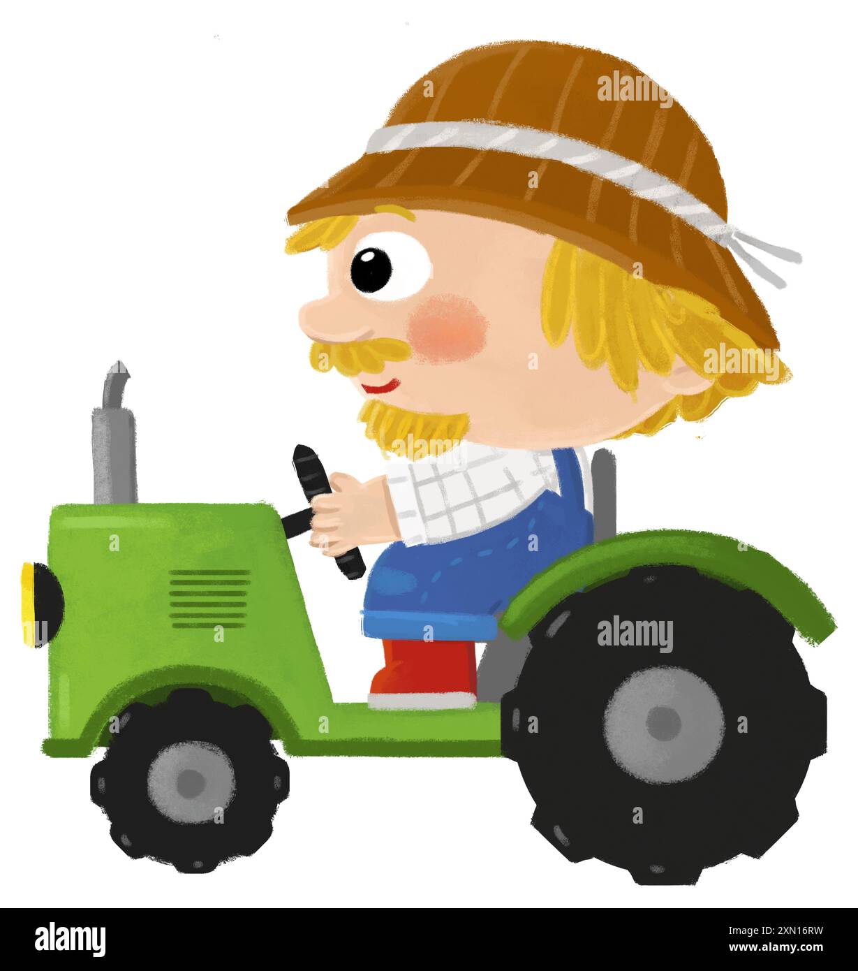 Zeichentrickszene mit einem Bauern, der an einem Traktor arbeitet, der eine isolierte Hintergrundillustration für Kinder macht Stockfoto
