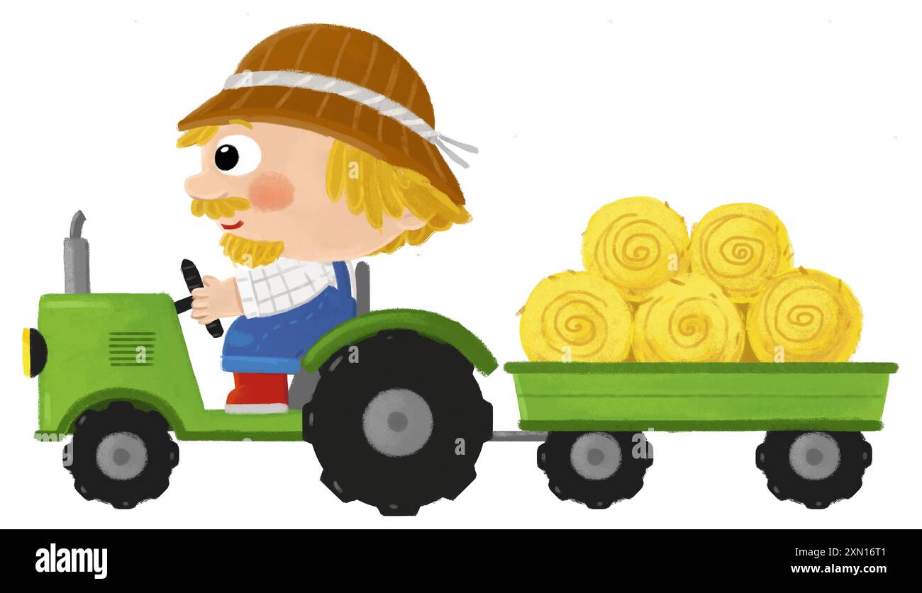 Zeichentrickszene mit einem Bauern, der an einem Traktor arbeitet, der eine isolierte Hintergrundillustration für Kinder macht Stockfoto