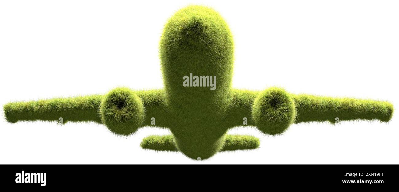 Ein grünes Passagierflugzeug, das mit Gras bedeckt ist. Konzept für emissionsfreie oder emissionsarme Reisen mit Flugzeugen, CO2-Neutralität, Annäherung an pla Stockfoto