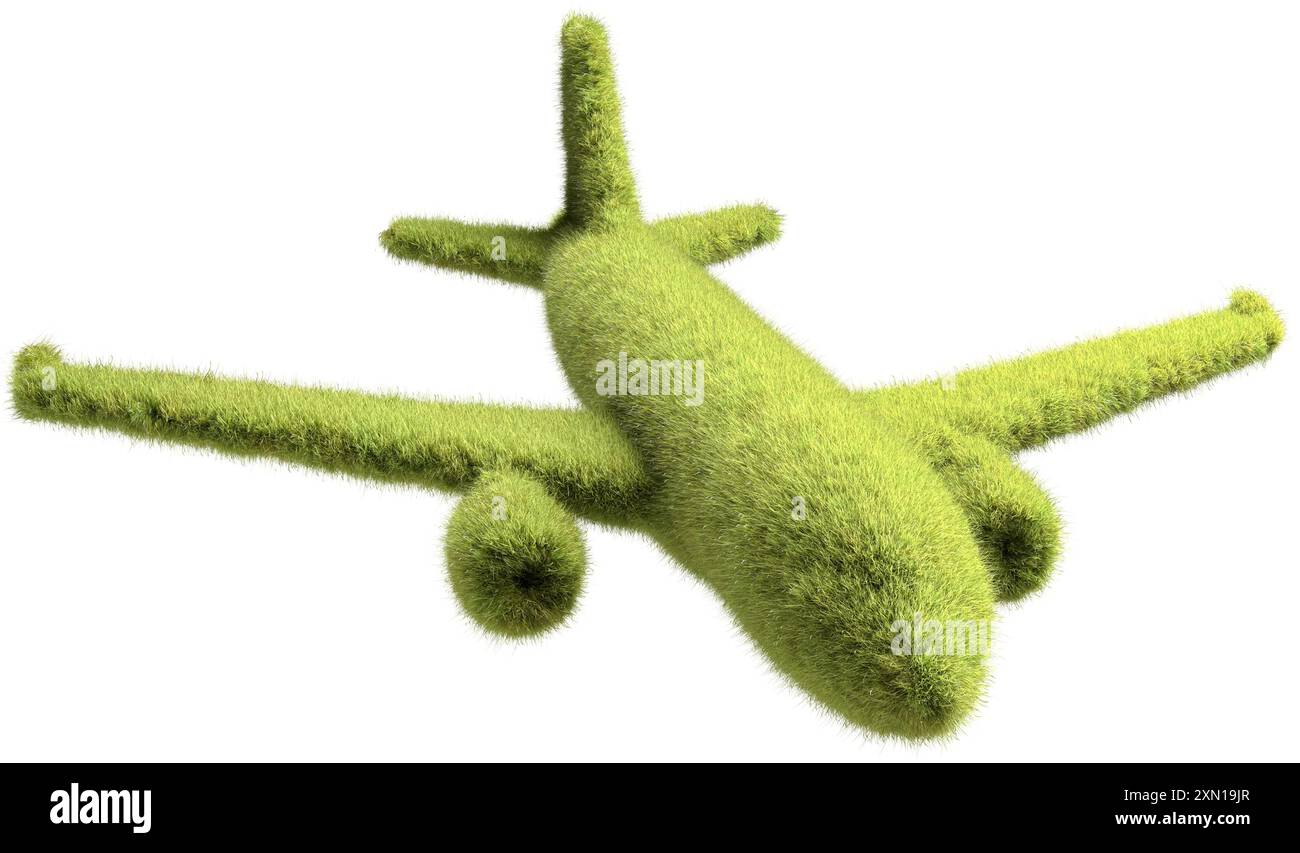 Ein grünes Passagierflugzeug, das mit Gras bedeckt ist. Konzept für emissionsfreie oder emissionsarme Flugreisen mit Flugzeugen, CO2-Neutralität. Isoliert auf pur Stockfoto