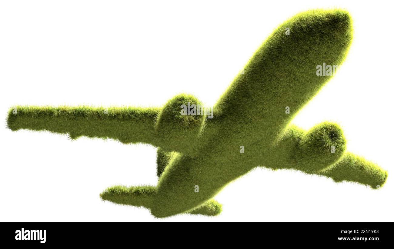 Ein grünes Passagierflugzeug, das mit Gras bedeckt ist. Konzept für emissionsfreie oder emissionsarme Flugreisen mit Flugzeugen, CO2-Neutralität. Isoliert auf pur Stockfoto