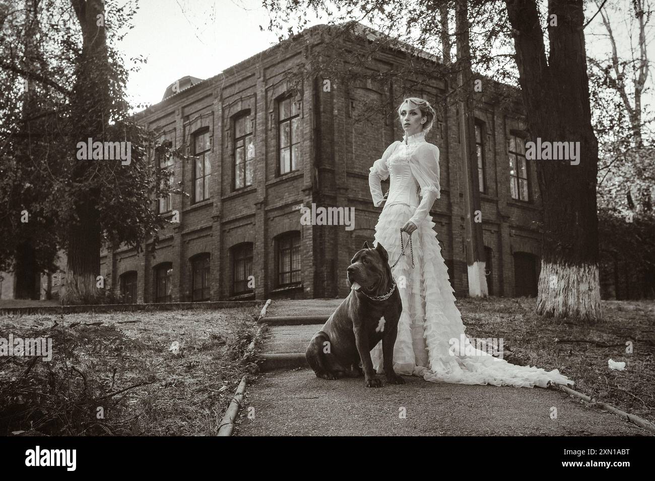 Mädchen in einem alten Kleid mit Rüschen und einem großen dunklen Hund Stockfoto