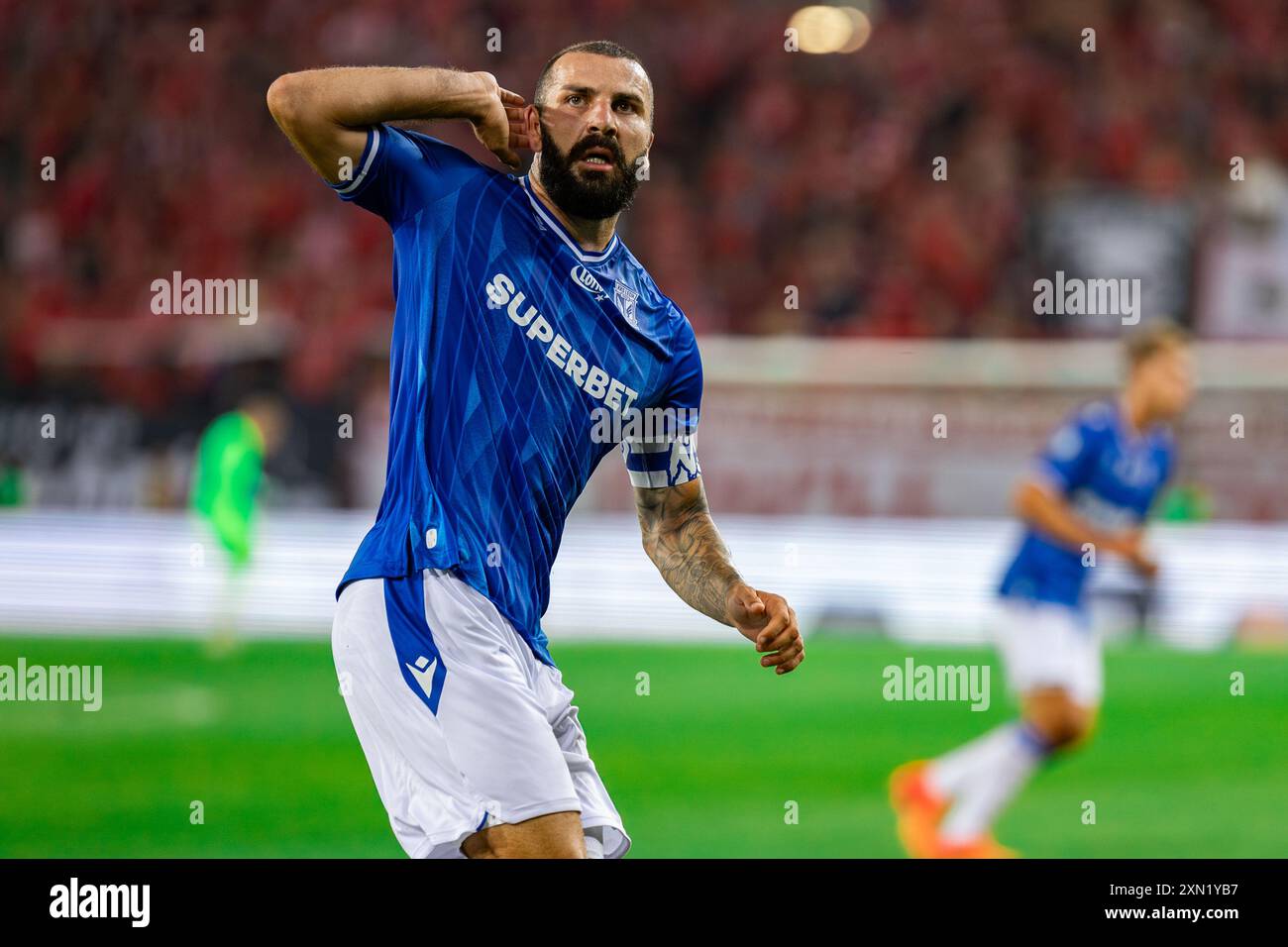 Mikael Ishak aus Lech feiert ein Tor beim polnischen PKO Ekstraklasa League Spiel zwischen Widzew Lodz und Lech Poznan im Widzew Lodz Municipal Stadium. Endergebnis: Widzew Lodz 2:1 Lech Poznan. (Foto: Mikolaj Barbanell / SOPA Images/SIPA USA) Stockfoto