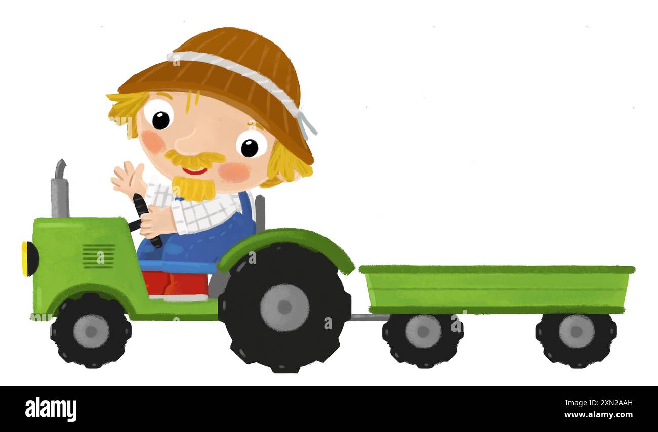 Zeichentrickszene mit einem Bauern, der an einem Traktor arbeitet, der eine isolierte Hintergrundillustration für Kinder macht Stockfoto