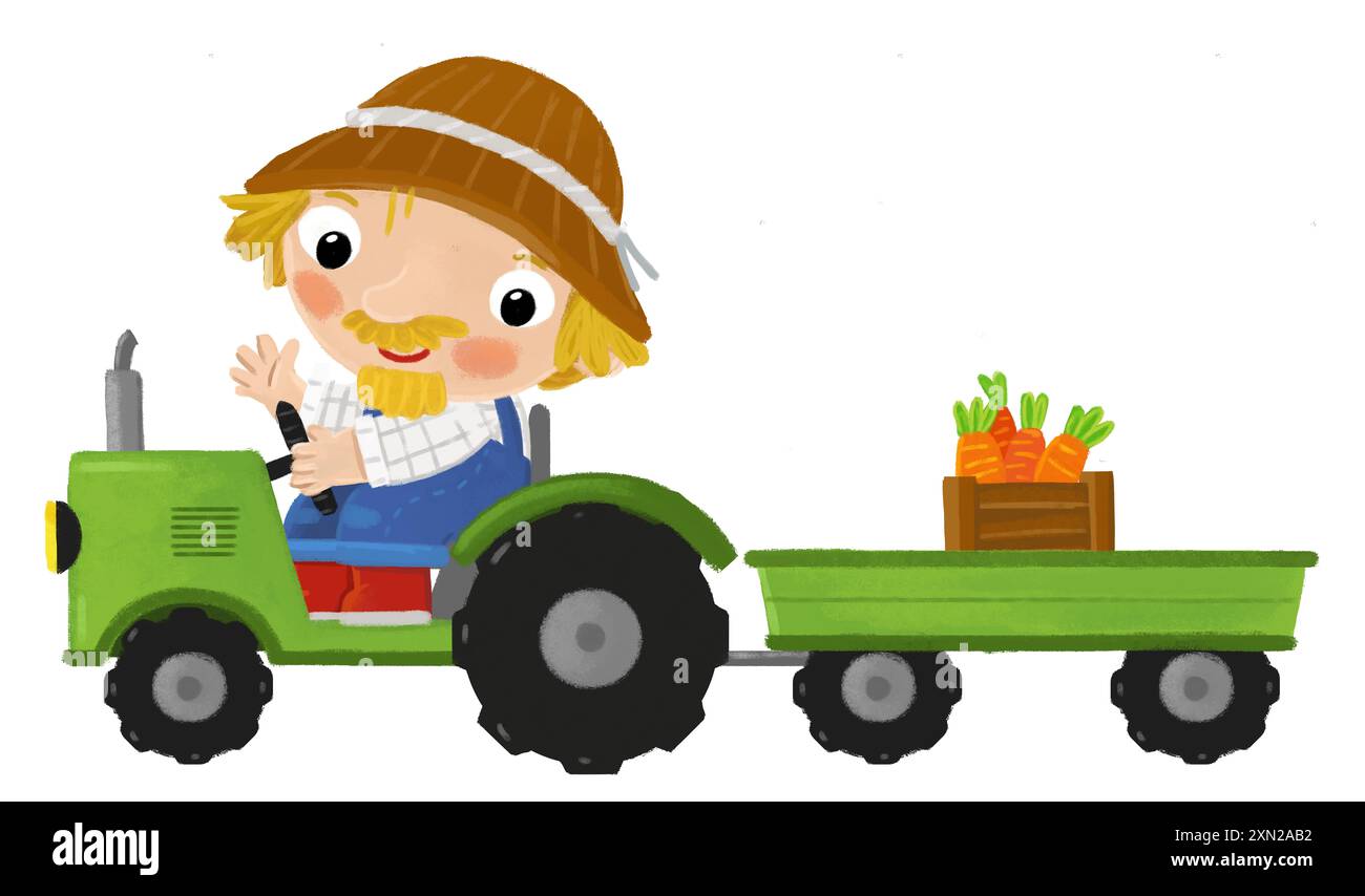 Zeichentrickszene mit einem Bauern, der an einem Traktor arbeitet, der eine isolierte Hintergrundillustration für Kinder macht Stockfoto