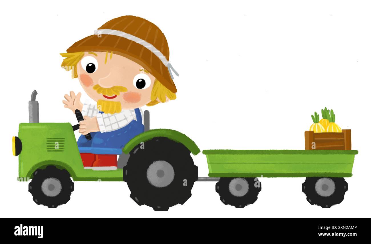 Zeichentrickszene mit einem Bauern, der an einem Traktor arbeitet, der eine isolierte Hintergrundillustration für Kinder macht Stockfoto