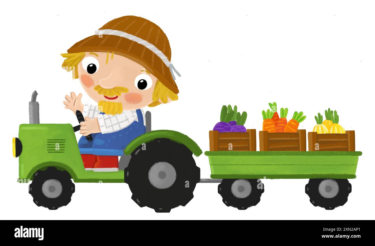 Zeichentrickszene mit einem Bauern, der an einem Traktor arbeitet, der eine isolierte Hintergrundillustration für Kinder macht Stockfoto