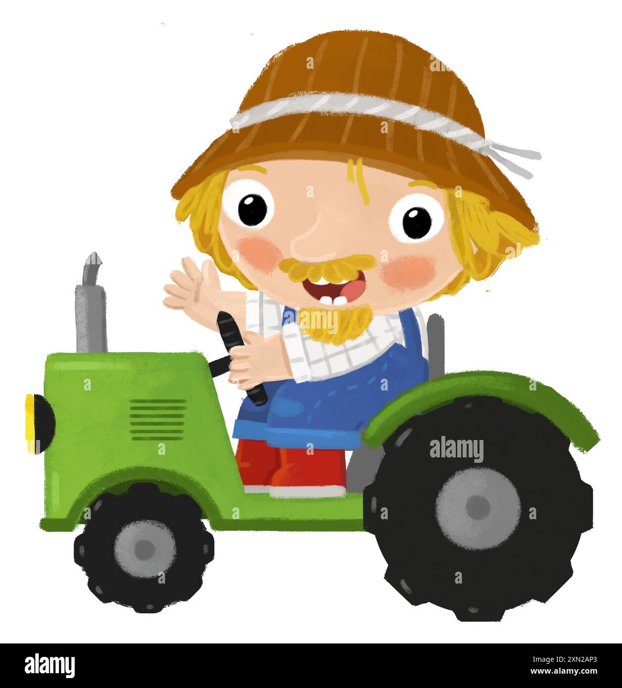 Zeichentrickszene mit einem Bauern, der an einem Traktor arbeitet, der eine isolierte Hintergrundillustration für Kinder macht Stockfoto