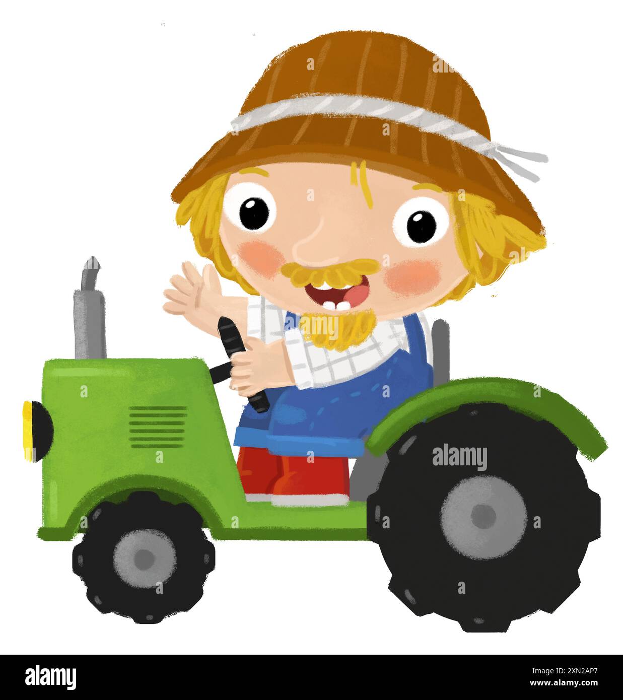 Zeichentrickszene mit einem Bauern, der an einem Traktor arbeitet, der eine isolierte Hintergrundillustration für Kinder macht Stockfoto