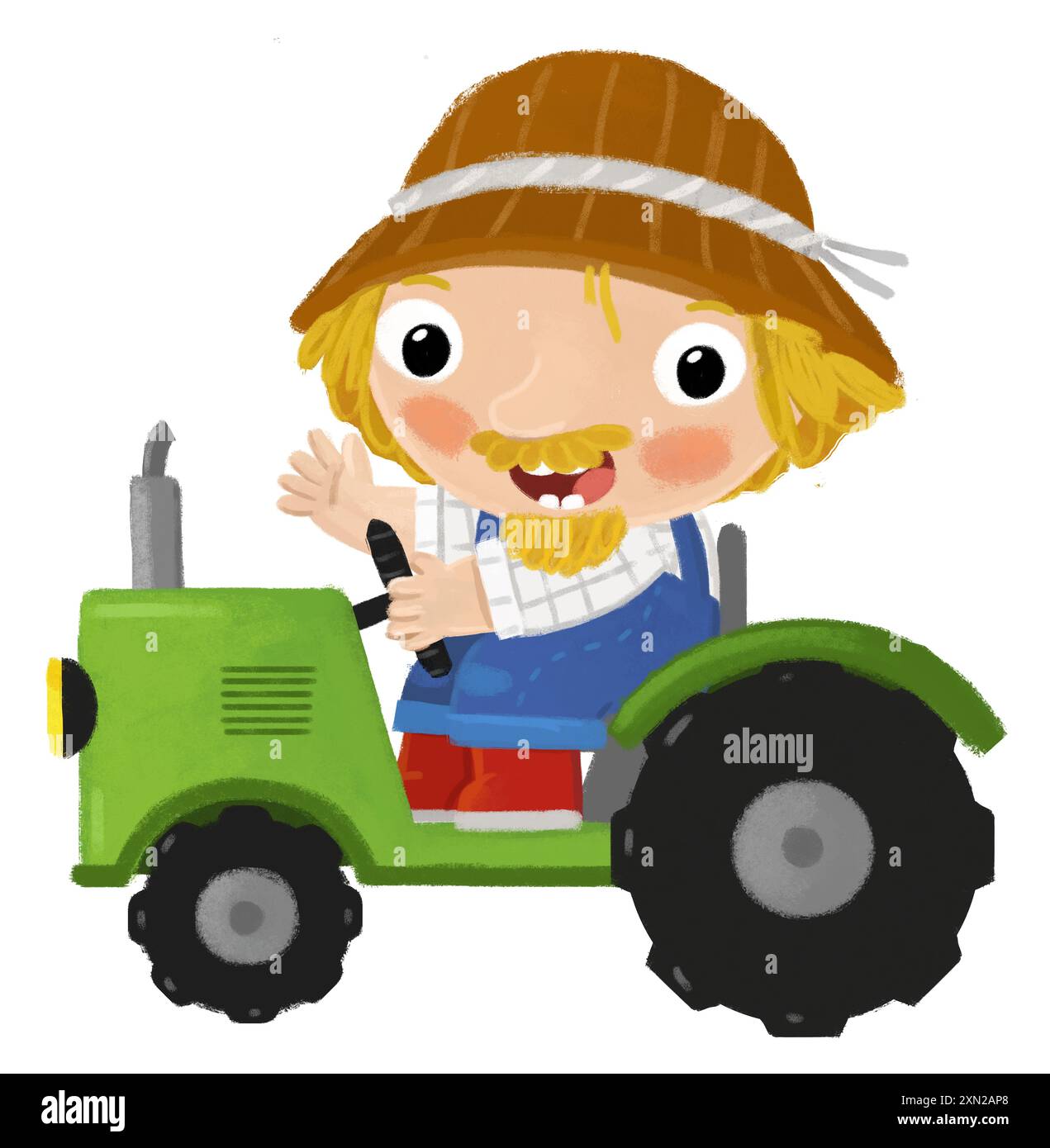 Zeichentrickszene mit einem Bauern, der an einem Traktor arbeitet, der eine isolierte Hintergrundillustration für Kinder macht Stockfoto