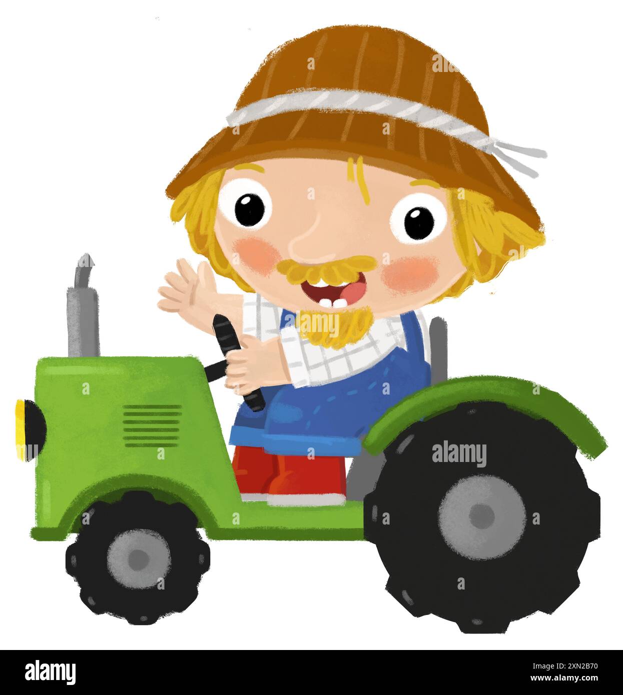 Zeichentrickszene mit einem Bauern, der an einem Traktor arbeitet, der eine isolierte Hintergrundillustration für Kinder macht Stockfoto