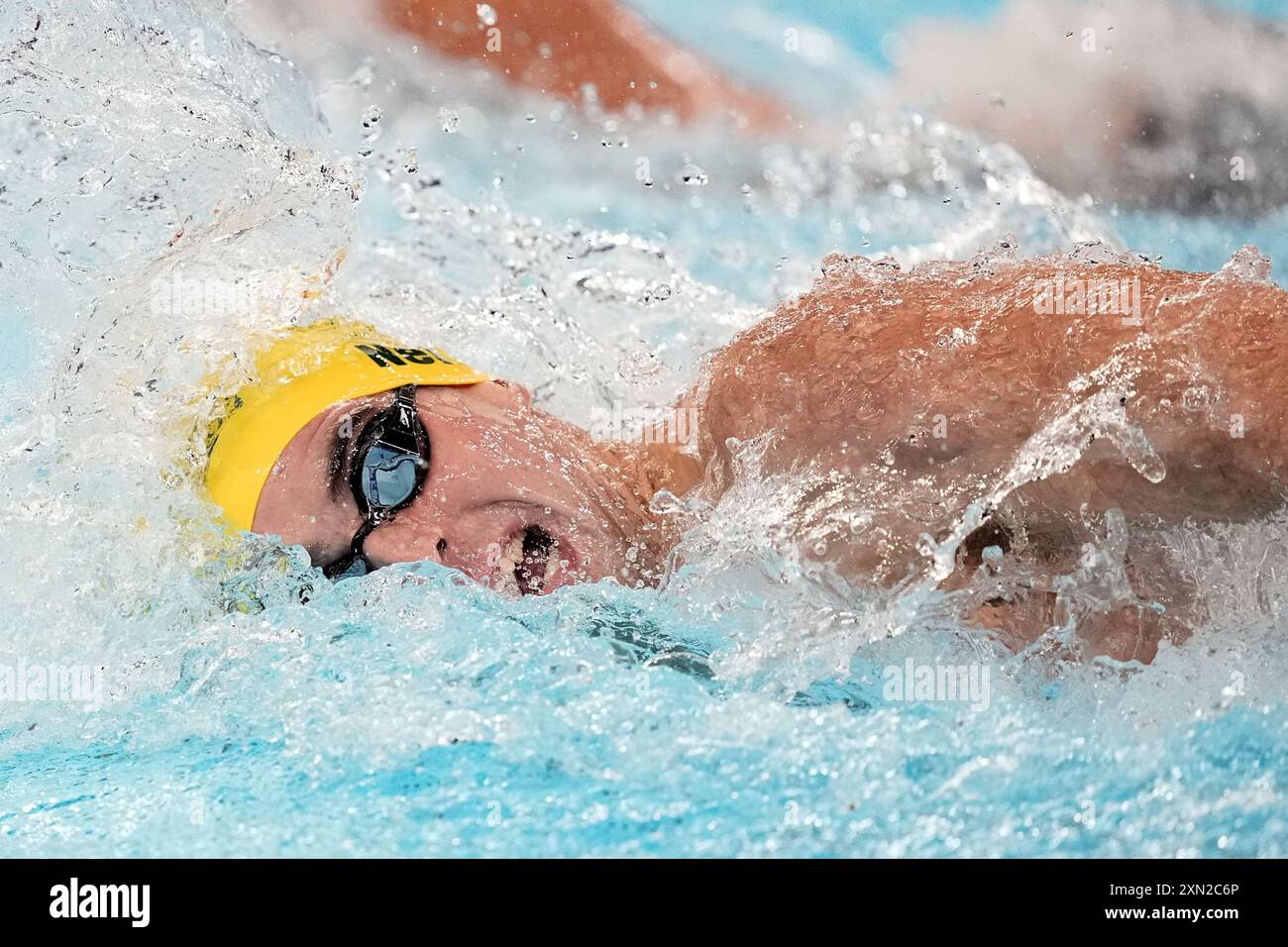 Paris, Frankreich. 30. Juli 2024. Thomas Neill aus Australien tritt am Dienstag, den 30. Juli 2024, in der Arena Le Defense in Paris an den Finalen der 4 x 200 Meter Freistil-Staffel der Männer bei den Olympischen Spielen 2024 in Paris an. Großbritannien gewann Gold, die USA Silber und Australien Bronze. Foto: Richard Ellis/UPI Credit: UPI/Alamy Live News Stockfoto