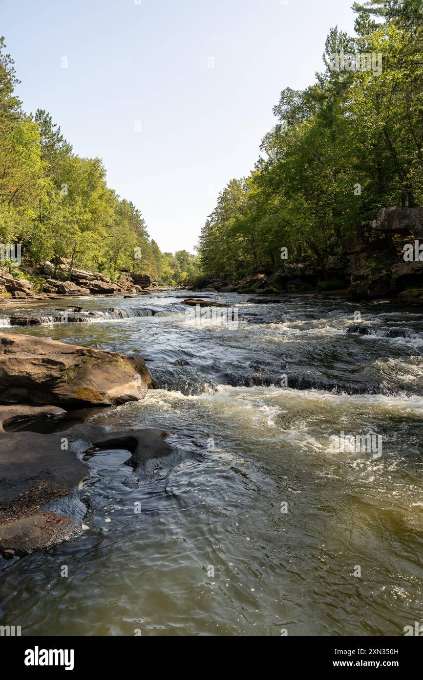 Ein herrlicher Blick auf das Wasser in der Nähe von Bäumen und Pflanzen in einem lokalen Park in Minnesota. Stockfoto