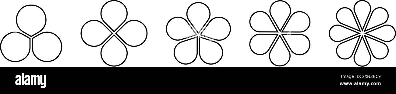 Set von Blumendiagrammen, die in gleiche Abschnitte unterteilt sind. Sammlung von Tortendiagrammen mit Blättern isoliert auf weißem Hintergrund. Blumenvorlagen für die Datendarstellung. Vektorgrafik. Stock Vektor