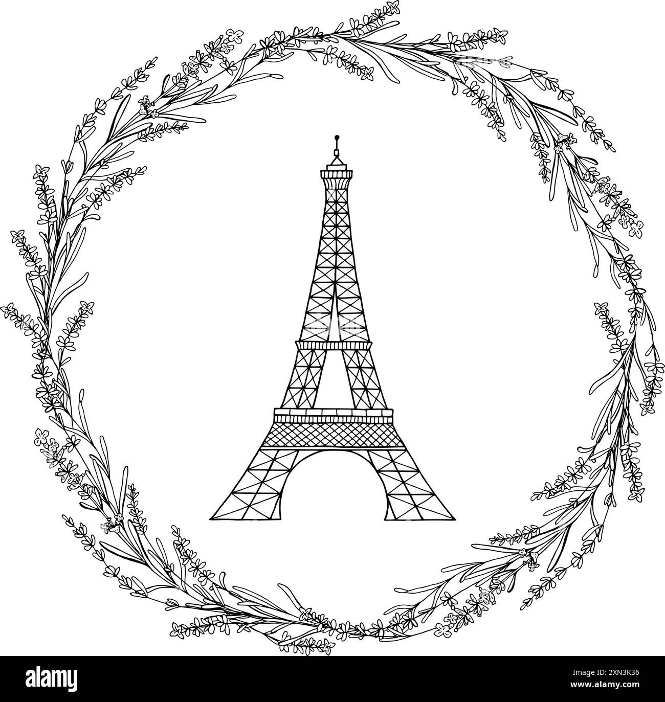 Silhouette des Eiffelturms in der Mitte des Lavendelrahmenvektors Hand gezeichnete Doodle-Illustration. Symbol von Paris und Frankreich. Vintage-Kranz-Zeichenfarbe Stock Vektor