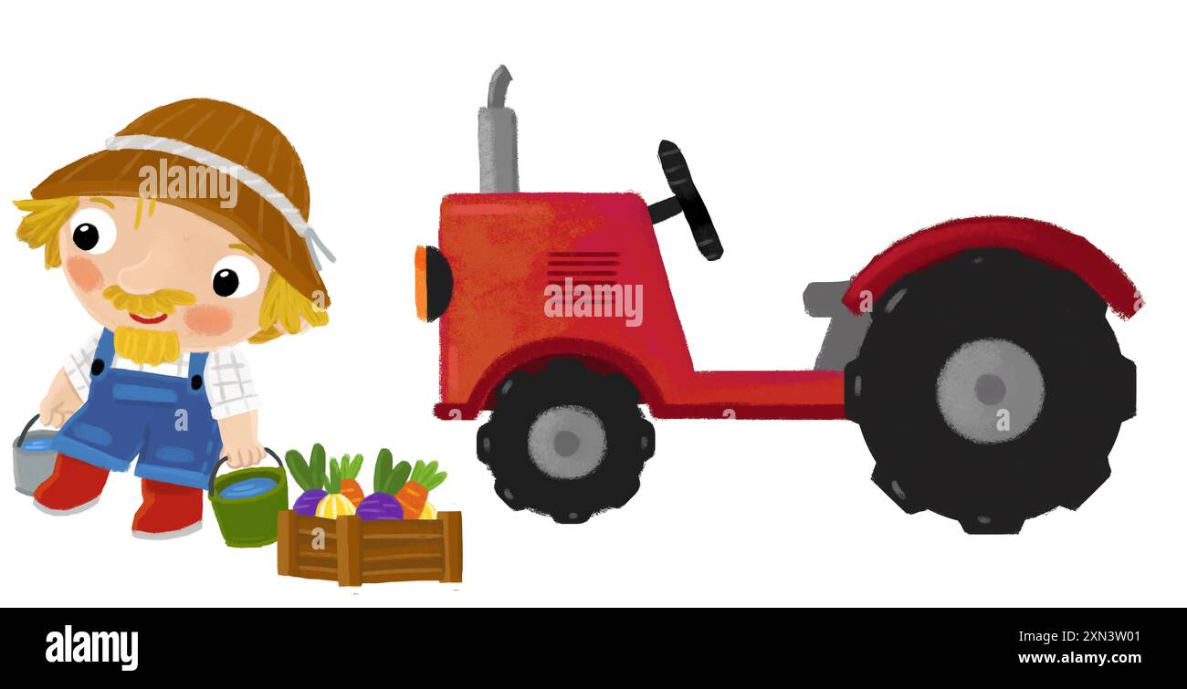 Zeichentrickszene mit einem Bauern, der in der Nähe eines Traktors steht und eine Aktivität macht Stockfoto