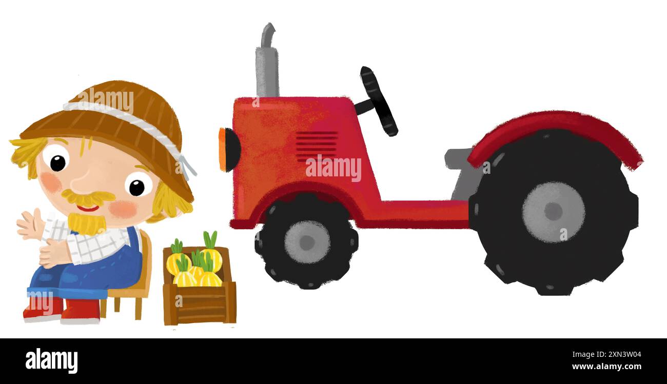 Zeichentrickszene mit einem Bauern, der in der Nähe eines Traktors steht und eine Aktivität macht Stockfoto